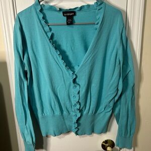 Lane Bryant Blue Cardigan Sweater V-Neck Ruffled
